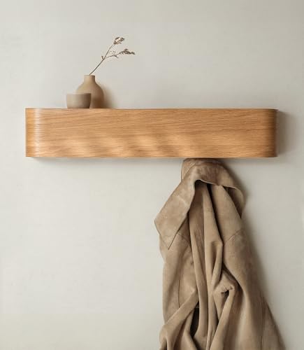 Kazai. Wall-Mounted Coat Rack 'Toke' - Modern Design Coat Rack with Hidden Wall Hooks - Solid Wood Veneer Panel Coat Hanger - Oak - color: Oak, size: 5 Hooks