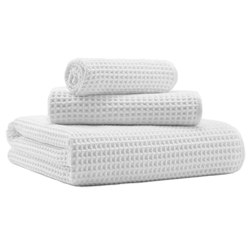 MICROFI Microfiber Waffle Bath Towels, 3 Pieces, Oversized, Soft, Absorbent, Fast Drying, Lint Free, Includes Bath, Face and Hand Towels 430 GSM - color: White
