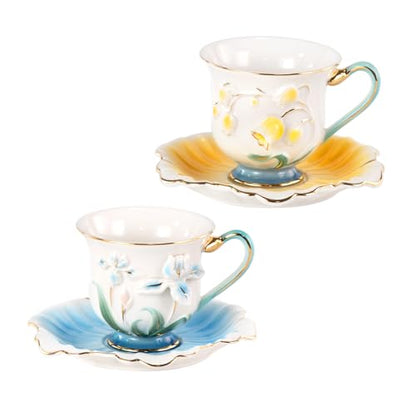 KAMMAK Tea Cups and Saucers Set of 2, Porcelain Coffee Cups, NX015 | Gold Rim, Stackable Espresso Mugs, Ceramic Demitasse for Coffee, Latte, Americano, Afternoon Tea, Elegant Gift for Women - size: 8CZNX015+16