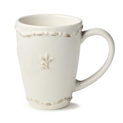 Heritage Beads Stoneware Mug Set of 4 – Classic Ivory Coffee & Tea Cups with Embossed Bead Rim & Sprig Detail – Elegant Everyday Farmhouse Mugs for Hot Beverages