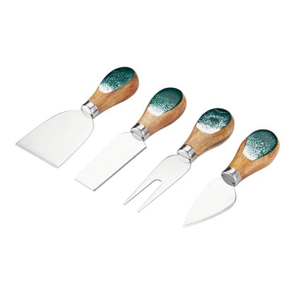 Cheese Knives Set with Wooden and Resin Handle, Mini Steel Stainless Cheese Knife with Wood Set for Charcuterie and Cheese Spread, Perfect for Cheese Slicer and Butter Cutter (Green, 4pcs)