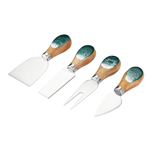 Cheese Knives Set with Wooden and Resin Handle, Mini Steel Stainless Cheese Knife with Wood Set for Charcuterie and Cheese Spread, Perfect for Cheese Slicer and Butter Cutter (Green, 4pcs)