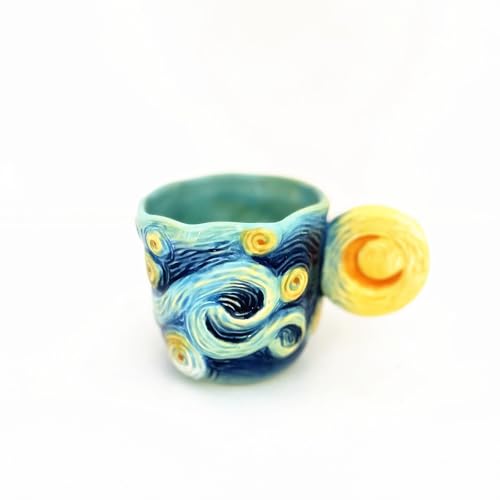 Ceramic Starry Sky Coffee Mug and Saucer set with Spoon,3D Handmade and Hand-painted Tea Mug, 6OZ