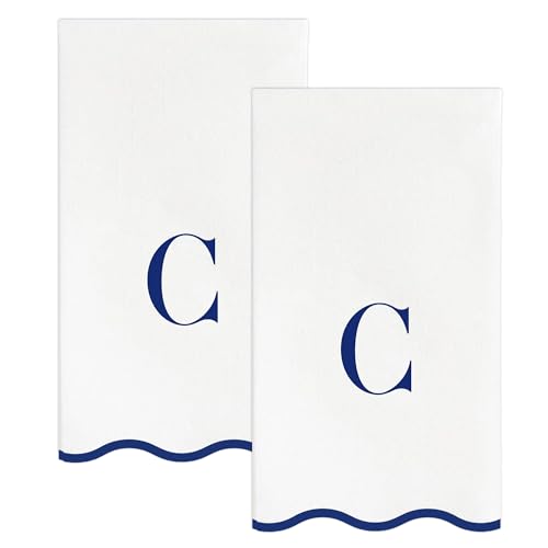 Stxy's Monogram C Napkins (Bleed-Free Ink) Scalloped Navy Blue Letter, 40ct | Monogram C Hand Towels for Bathroom, Decorative Scalloped Paper Dinner Napkins for Wedding, Birthday, Hostess & Preppy Gifts - style: C