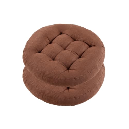 Meditation Floor Pillow, 2 Pack Round Floor Cushions for Adults, Button Tufted Seat Cushions for Yoga Tatami Living Room, Brown, 22 x 22 x 4 in