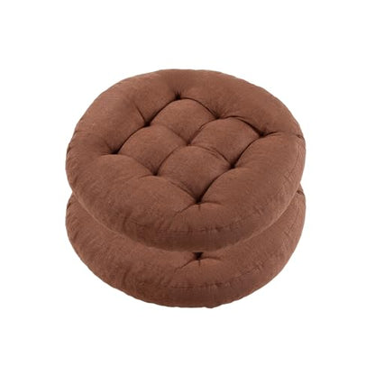 Meditation Floor Pillow, 2 Pack Round Floor Cushions for Adults, Button Tufted Seat Cushions for Yoga Tatami Living Room, Brown, 22 x 22 x 4 in