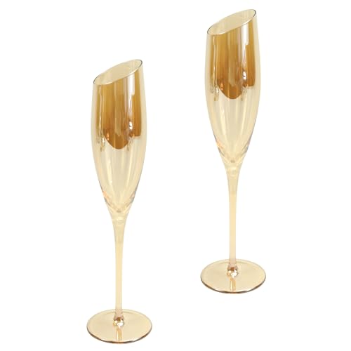 Gold Wine Glasses for Champagne, Set of 2-6oz Champagne Flutes with Slanted Rims, Angled Bowl for Optimal Aeration, Modern, Unique, Decorative Fancy Wine Glasses Set for Women and Men