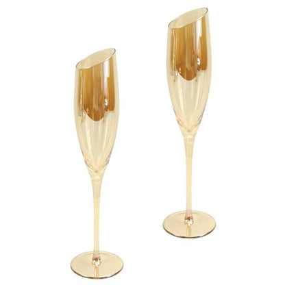 Gold Wine Glasses for Champagne, Set of 2-6oz Champagne Flutes with Slanted Rims, Angled Bowl for Optimal Aeration, Modern, Unique, Decorative Fancy Wine Glasses Set for Women and Men