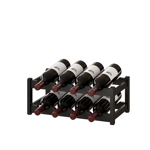BMOSU Bamboo Wine Rack Wine Storage Cabinet Shelf 8 Bottle Wine Racks Countertop Sturdy for Kitchen Dining Room Pantry - 2 Tiers Wine Rack (Black) - color: Black, size: 2 Tier