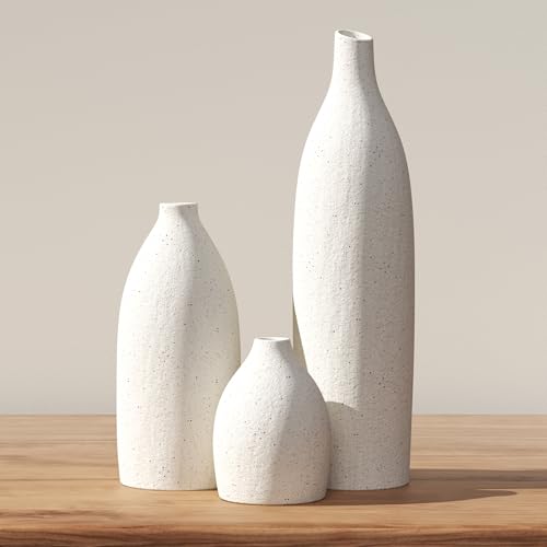 Matte Clay Flower Vase Set of 3 Minimalist Nordic Modern Decorative Ceramic Vases for Home Table Decor, Fireplace Mantel Shelf Entry Way Console Kitchen Island Dining Table Centerpiece (Cream White) - color: Cream White