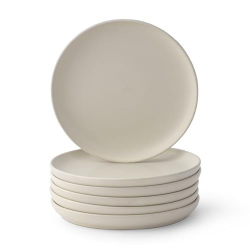 JoyJolt Mesa Stoneware Salad Plates, 8" Round Lunch Plates, Dishwasher and Microwave Safe Plate Set of 6, Modern Rustic Dinnerware, Appetizer Dessert Dinner Sides Kitchen Dishes - Matte White (Linen)