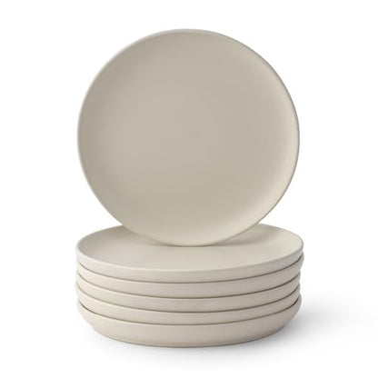 JoyJolt Mesa Stoneware Salad Plates, 8" Round Lunch Plates, Dishwasher and Microwave Safe Plate Set of 6, Modern Rustic Dinnerware, Appetizer Dessert Dinner Sides Kitchen Dishes - Matte White (Linen)