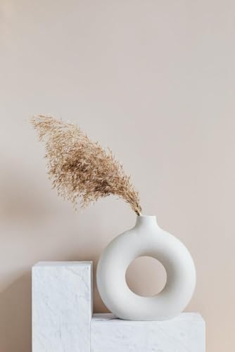 White Ceramic Donut Vase, 6 Inch Modern Flower Vase for Pampas Grass, Dried Flowers, Home & Office Decor, Centerpiece, Handcrafted Gift Vase Only