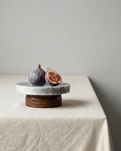astavohome White Marble & Walnut Round Pedestal Display Riser, 4.7 x 2 in | White marble top with North American walnut wood base for candles, jewelry, keys, vanity accessories, or decor.