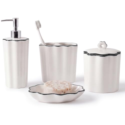 Zhehao Scalloped Bathroom Ceramic Accessories Set 4 Pcs Bathroom Accessory Sets with Toothbrush Holder Soap Dispenser Soap Dish Cotton Swab Jar Bathrooms Countertop Organizer (Black) - color: Black