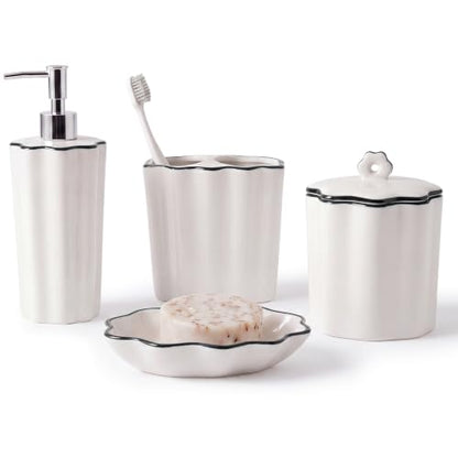 Zhehao Scalloped Bathroom Ceramic Accessories Set 4 Pcs Bathroom Accessory Sets with Toothbrush Holder Soap Dispenser Soap Dish Cotton Swab Jar Bathrooms Countertop Organizer (Black) - color: Black