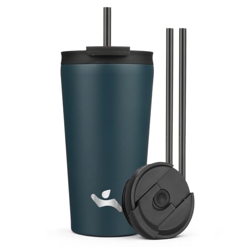 Konokyo 18 oz Insulated Tumbler Water Bottle with Straw Lid, Navy blue | Stainless steel insulated tumbler for coffee, water and iced drinks; spill-proof lid, 2 straws, cup-holder friendly - color: Navy Blue, size: 18 Ounces