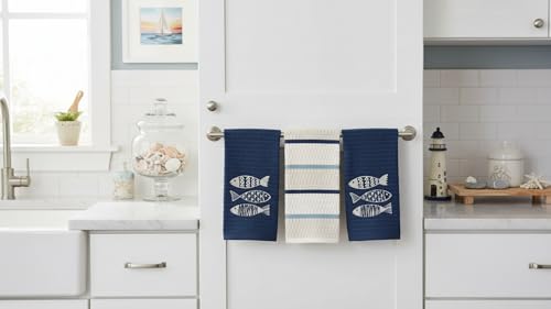 Coastal Kitchen Towels- Set of 3 Navy Blue 100% Cotton Embroidered Fish Design - 16 x 26 Multipurpose Towels for Everyday Use - color: Fish Trio