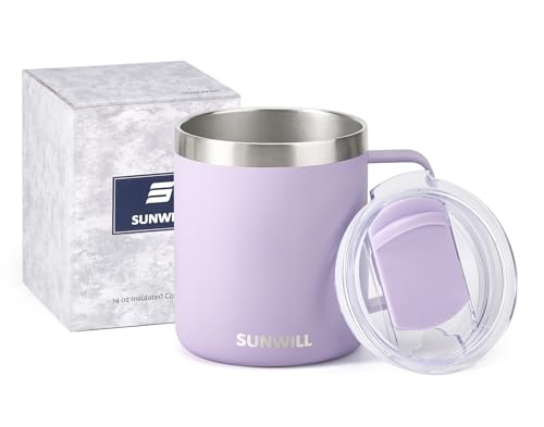 SUNWILL Travel Coffee Mug with Lid, Insulated Tumbler with Handle, 14 oz Stainless Steel Cup for Home, Office, Camping, Powder Coated Orchid - color: Powder Coated Orchid