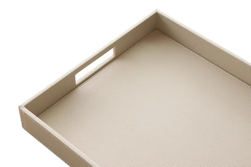 HofferRuffer Rectangle Serving Tray with Hole Handles for Coffee Table, Breakfast, Tea, Food, Butler - Countertop, Kitchen, Vanity Serve Tray, 16.2 x 12.2 x 2 inches, Faux Leather (Dark CreamWhite) - color: Dark Creamwhite