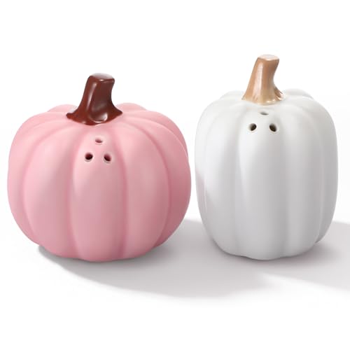 2 Pcs Fall Pumpkin Shaped Salt and Pepper Shakers 3 Inch Pink White Thanksgiving Ceramic Salt and Pepper Shakers Set for Halloween Autumn Harvest Home Kitchen Decorations - color: Pink and White, style: Fall Pumpkin