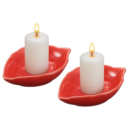 uxcell 2Pcs Ceramic Candle Holder Plates, 4.3 x 3'' Leaf Shaped Candlestick Holder Decorative Dish Small Candle Plate for Tea Light Aromatherapy Wedding Rustic Vintage Home, Red - color: Red