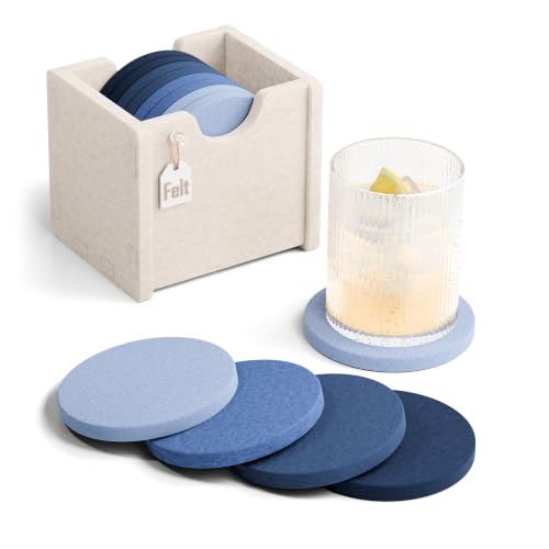 Fluxynara Felt Coasters with Holder, Set of 8 for Drinks, Denim Mist | Round Felt Coasters, Absorbent, Heat-Resistant & Reusable for Drinks, Ideal for Coffee Tables and Living Rooms, 3.94 Inch - color: Denim Mist, size: Round - 8 Count