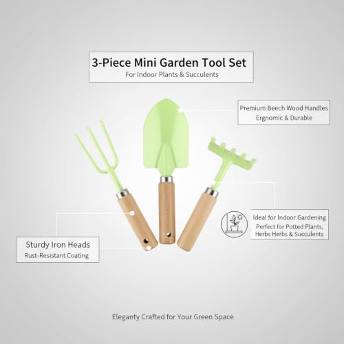 3-Piece Mini Garden Tool Set with Beech Wood Handles and Iron Heads for Indoor Plants, Succulents, and Small Pots - size: 11.02 x 3.54 x 1.18 in