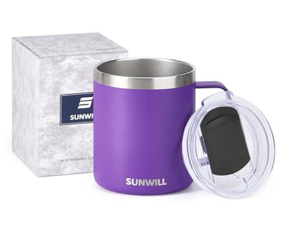 SUNWILL Insulated Coffee Mug with Lid, Travel Tumbler with Handle, 14 oz Stainless Steel Cup for Camping, Office, Home, Powder Coated Purple - color: Powder Coated Purple