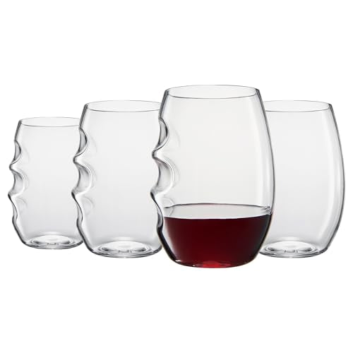 Unbreakable European Plastic Crystal, Stemless Wine Glasses | Set of 4, 13.5 OZ | Acrylic Tritan Set with 3-Finger Indentations - Clear Short Tumbler Set, BPA Free, Reusable, Naturally Aerates Wine - color: Clear, size: Set of 4