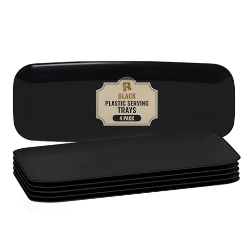 R-kay 4 Pack Plastic Serving Trays for Party - Black Serving Tray 17 by 6.5 in - Heavy Duty Dessert Trays for Food - Rectangular Party Serving Trays - Premium Party Trays - Black Platters - color: Black, size: 17 Inch