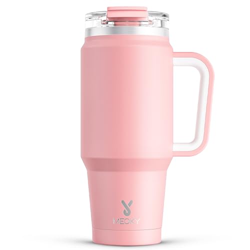 Meoky 32 oz Tumbler with Handle, Insulated Tumbler with Lid and Straw, Stainless Steel Travel Mug, Keeps Cold for 24 Hours, 100% Leak Proof, Fits in Car Cup Holder (Blush) - color: Blush, size: 32 Ounces