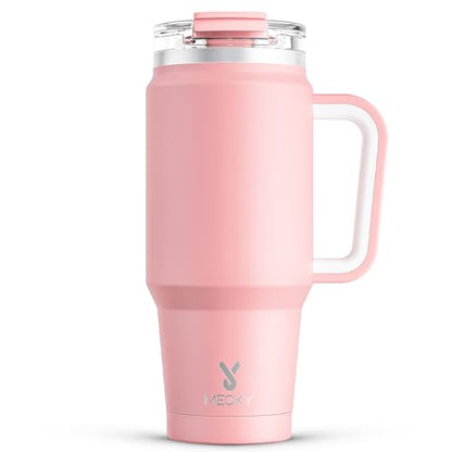 Meoky 32 oz Tumbler with Handle, Insulated Tumbler with Lid and Straw, Stainless Steel Travel Mug, Keeps Cold for 24 Hours, 100% Leak Proof, Fits in Car Cup Holder (Blush) - color: Blush, size: 32 Ounces
