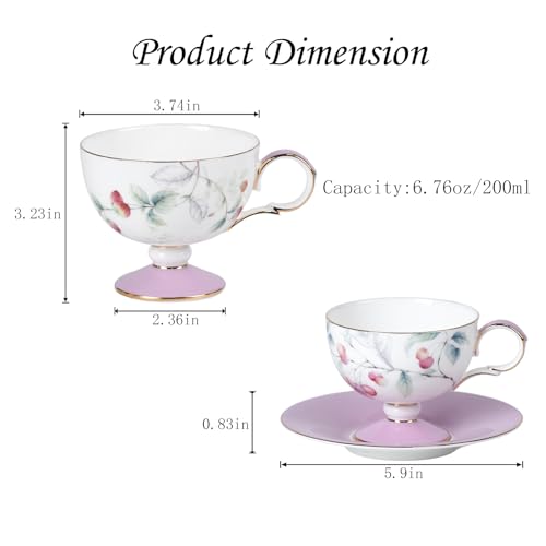 KAMMAK Tea Cups Set of 2,Ceramic Floral Pattern Demitasse Cup | Porcelain Espresso Cup with Saucer, 6.76 oz Handmade Elegant Bone China Tea Cups for Latte, Americano, Cappuccino - color: Cherry & Strawberry