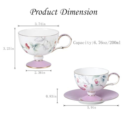 KAMMAK Tea Cups Set of 2,Ceramic Floral Pattern Demitasse Cup | Porcelain Espresso Cup with Saucer, 6.76 oz Handmade Elegant Bone China Tea Cups for Latte, Americano, Cappuccino - color: Cherry & Strawberry