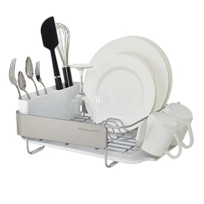 KitchenAid Compact Satin Wire Rust Resistant, Expandable Dish Rack with Angled Self Draining Drainboard with Removable Flatware Caddy, 23.18-Inch, Gray - color: White, size: Compact