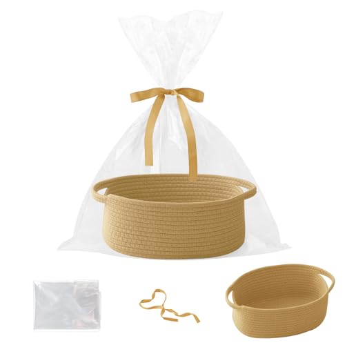Woven Rope Basket - Baby Gift Basket with Bag & Ribbon | Cotton rope with handle, 12x8x5 in, gift bag and ribbon, for baby shower, birthday, toy storage, nursery, shelf decor - color: Jute