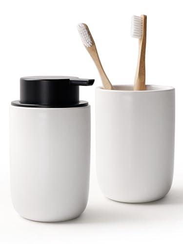 Bosilunlife Soap Dispenser and Toothbrush Holder Set - 11Oz Foam Soap Dispenser Pump Ceramic Bathroom Counter Soap Toothbrush Holder Set White Bathroom Accessories Set - color: White-cylinder Foam