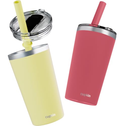 CUPKIN Toddler Tumblers, The Original 12 oz Stackable Stainless Steel Cups, Set of 2 Powder Coated Insulated Kids Water Bottle Alternative + BPA Free Lids + Reusable Silicone Straws (Coral + Yellow) - color: Coral + Yellow, size: 12 Fl Oz (Pack of 2)