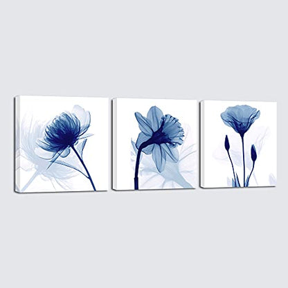 Wieco Art Blue Abstract Flowers 3 Panels Giclee Canvas Prints Wall Art Modern Pictures Artwork for Living Room Bedroom and Home Decorations - size: 12x12inchx3pcs (Unframed)