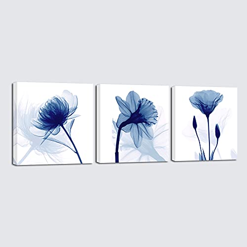 Wieco Art Blue Abstract Flowers 3 Panels Giclee Canvas Prints Wall Art Modern Pictures Artwork for Living Room Bedroom and Home Decorations - size: 12x12inchx3pcs (Unframed)