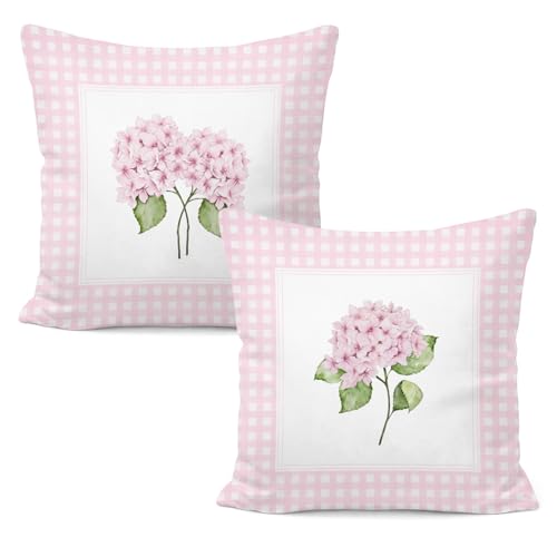 Pink Hydrangea Floral Pillow Covers 18x18, Cottagecore Pink Gingham Hydrangea Flower Botanical Decorative Throw Pillow Covers for Home Bedroom Living Room Sofa Couch, Set of 2 - color: White-pink Hydrangea
