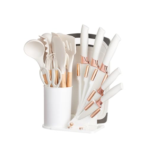 Kitchen Cooking Utensils and Knife Set with Block, 19 Pieces Cooks Cutting Set 11 Silicone Utensils Tool 5 Pcs Sharp Stainless Steel Chef Knives Scissors Whisk Tongs and Cutting Board (Beige) - color: Beige