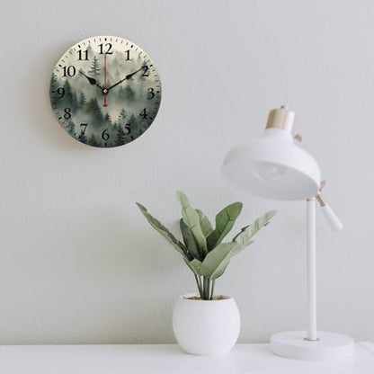 Nature Pine Trees Scenic Foggy Mountain Wooden Wall Clock - Watercolor Misty Plants Smokey Green Modern Wood Clock - Quality Quartz Non-Ticking 12 Inch Round - color: Pattern-6, size: 12 Inch