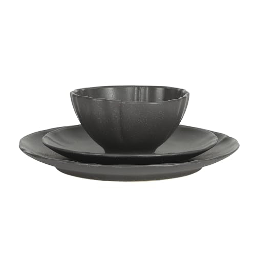 Gibson Elite Vista Rossio - Made In Portugal - 12 Piece Dinnerware Set for 4, Black Ceramic Plates and Bowls Sets, Stoneware Dishware Set with Scalloped Edge, Dinner Plates Salad Plates & Cereal Bowls - color: Black (Vista Rossio Dinnerware)
