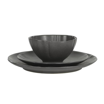 Gibson Elite Vista Rossio - Made In Portugal - 12 Piece Dinnerware Set for 4, Black Ceramic Plates and Bowls Sets, Stoneware Dishware Set with Scalloped Edge, Dinner Plates Salad Plates & Cereal Bowls - color: Black (Vista Rossio Dinnerware)