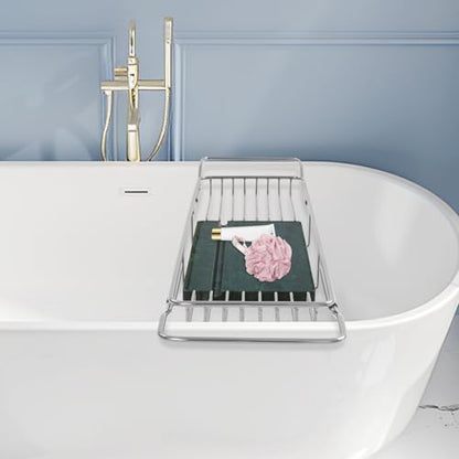 Expandable Stainless Steel Bathtub Caddy Tray, Adjustable Over Tub Rack Marble Board Anti-Slip Groove Raised Guardrail Modern Bath Organizer for Home Hotel Bathroom Use (Silver + Green) - color: Silver + Green