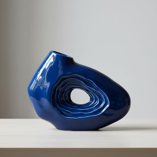 Sunddo Blue Ceramic Vase, 7 Inch | Donut Shape, Boho Style, Modern Home Decor, Bathroom, Shelf Centerpiece - color: Blue, size: 7 inch