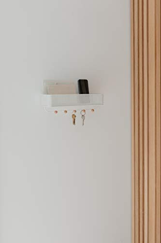 Umbra Estique Entryway Organizer, Wall Mount Key Holder, White/Natural | Steel construction, perforated mail bin, five wooden knob hooks, hidden mounting hardware, holds up to 5 lbs - size: Small