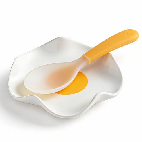 Miamolo Ceramic Spoon Holder for Stove Top, Fits Ladles & Spatulas, No Mess | 5.3" Cute Cooking Spoon Rest for Counter | Sunny-Side Up Design Egg-Shaped | Catches Sauce & Oil Drips | Funny Kitchen DéCor - color: White with Egg Yolk